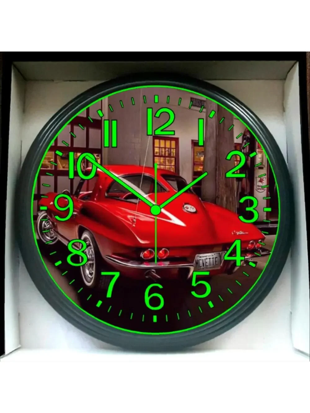 Classic Car Chevy Corvette Red Glow in The Dark Wall Clock New!